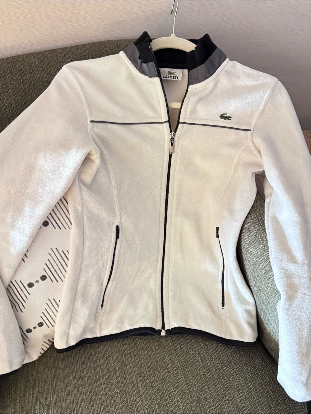 Lacoste Women's White Fleece Zip-Up Jacket with Black Trim